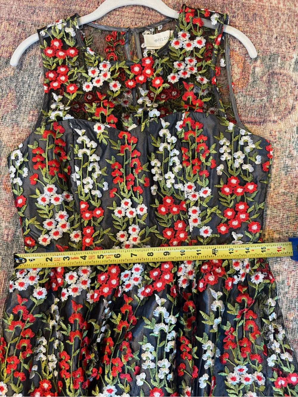 BHLDN Black Midi Dress with Red, White & Green Floral Embroidery and Green Trim - Picture 12 of 15